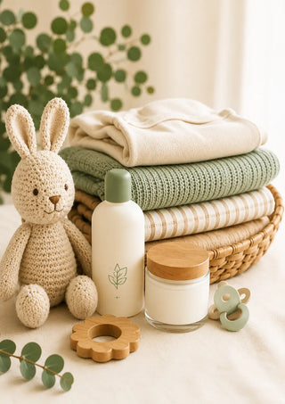 A styled baby gift set featuring a cream-colored knit bunny plush toy, a stack of folded baby textiles in cream and sage green, a white bottle with a sage green cap, a glass jar with a wooden lid, a wooden flower-shaped teether, and pacifiers, arranged on a beige fabric surface with a wicker basket and eucalyptus leaves.